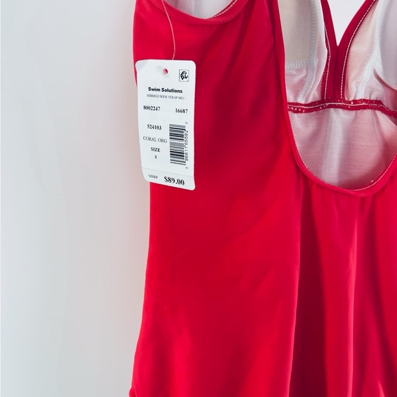 Swim Solutions Shirred Wide Strap One Piece Swimsuit Size 8 Coral Orange - Picture 5 of 8
